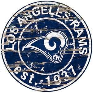 A weathered round LA Rams Football and My Dog sign with blue background and the team mascot emblem, inscribed with "Los Angeles Rams est. 1937".