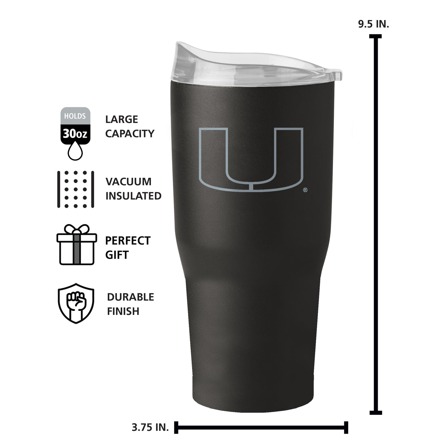 Miami Hurricanes 30oz Etch Black Powder Coat Tumbler
