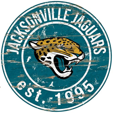Circular logo of the Jacksonville Jaguars Football and My Dog Sign featuring a snarling jaguar head, the team name, and "est. 1995" on a weathered teal and black background.