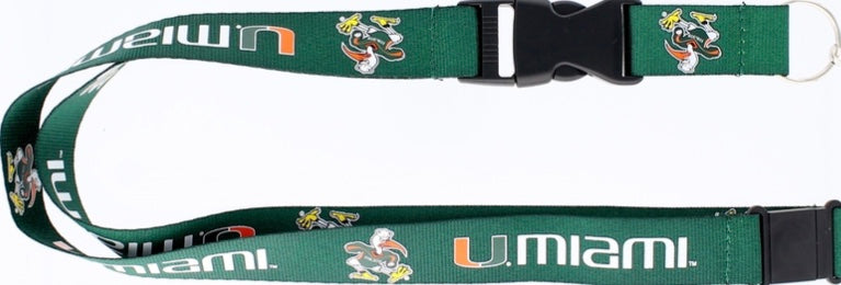 Miami Hurricanes Lanyard Green with the university of miami logo and mascot illustrations, featuring a black plastic buckle.