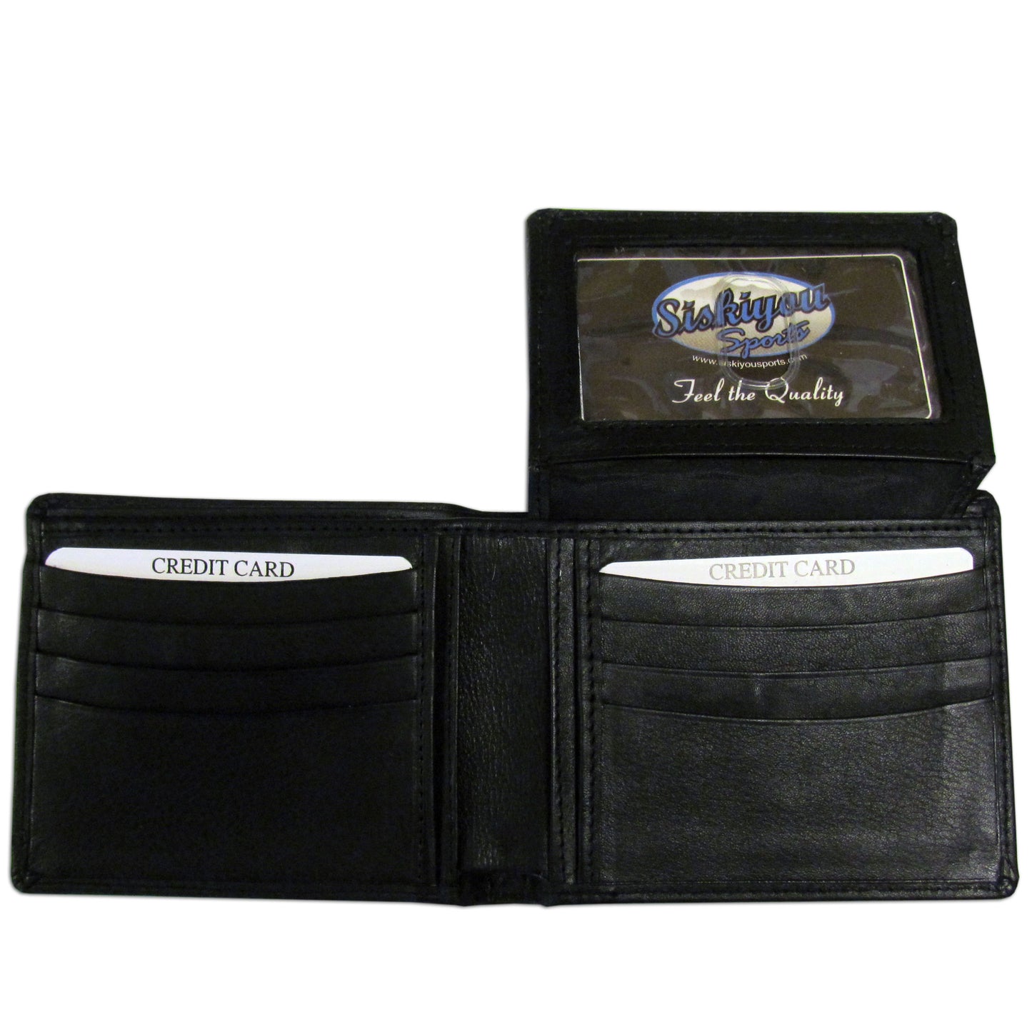 Miami Hurricanes Leather Bi-fold Wallet open displaying empty credit card slots and a clear ID window with a logo reading "solidifying your dreams - trust the quality.