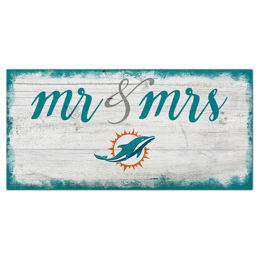 Rectangular sign with "mr & mrs" text and a Miami Dolphins Football and My Dog Sign logo on a weathered wood background.