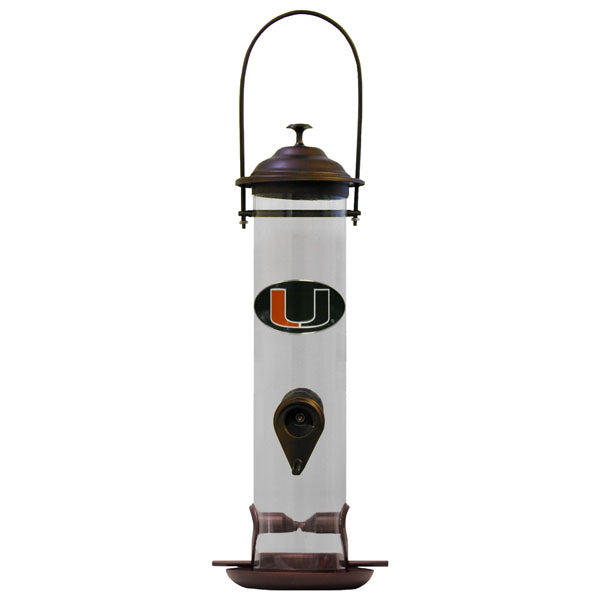 A Miami Hurricanes Thistle Bird Feeder with a metal top and base, featuring a university of miami logo on its clear central tube.