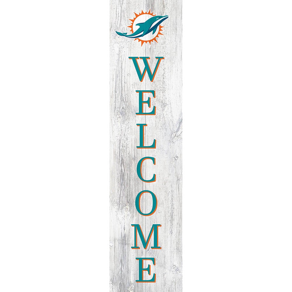 A vertical welcome sign featuring the Miami Dolphins Football and My Dog logo above blue and teal letters on a weathered white wooden plank.