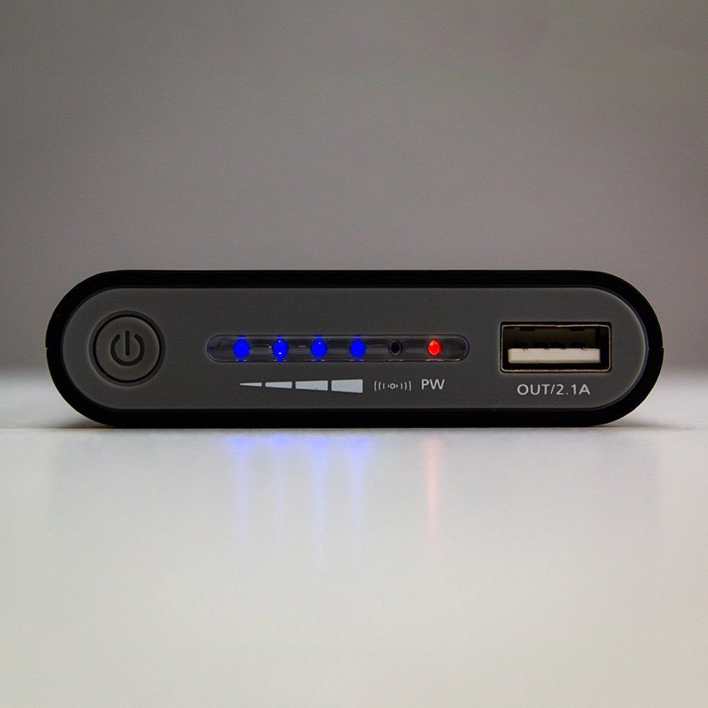 Front view of a Florida Gators 8000WX Wireless Mobile Charger - Qi Certified with LED indicators showing charge level, a power button, and USB ports.