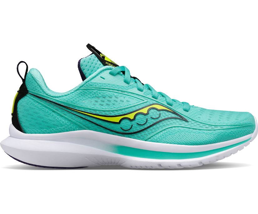 Cool Mint-Acid running shoe with a white sole, featuring a wavy yellow logo on the side and a purple inner lining.