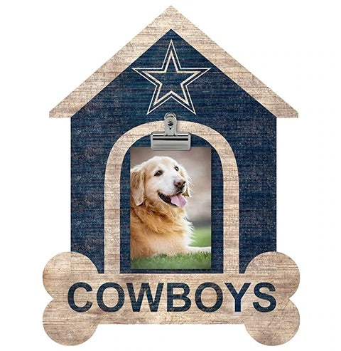 A decorative plaque featuring a happy golden retriever in a frame shaped like a house, with a denim texture and the word "cowboys" at the bottom, adorned with a star at the top.