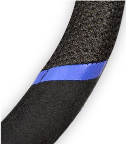 Close-up of a Miami Hurricanes Steering Wheel Cover, possibly a garment, featuring a black portion with a distinct blue stripe.