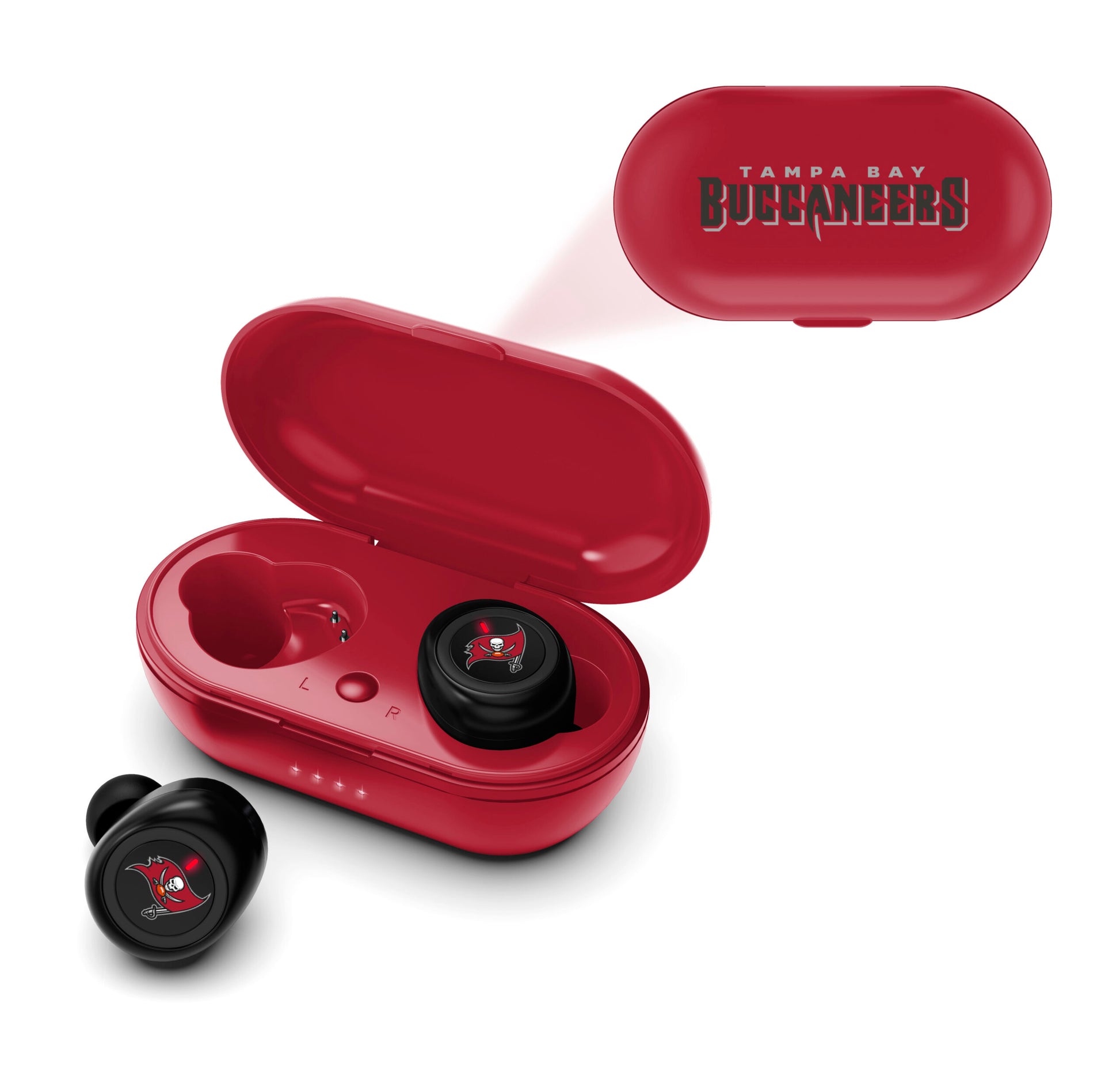 Red True Wireless Tampa Bay Buccaneers Earbuds and charging case, with the case lid open and one earbud outside.