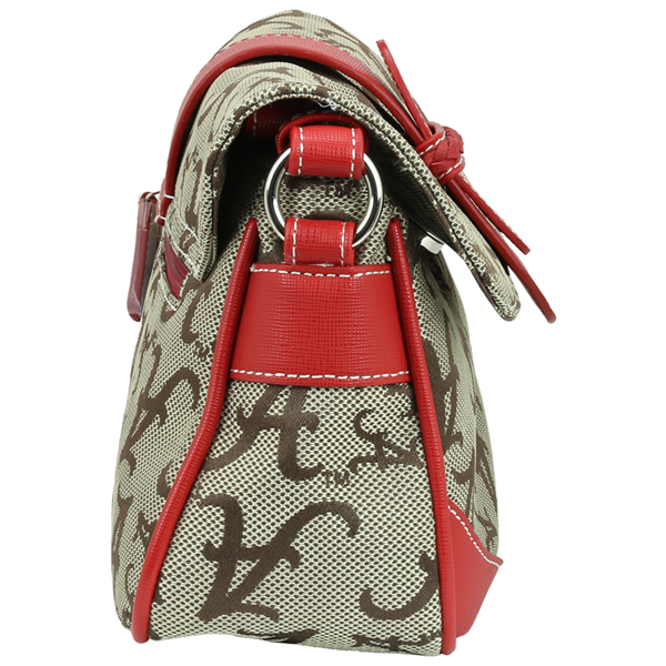 Red and brown patterned handbag.
