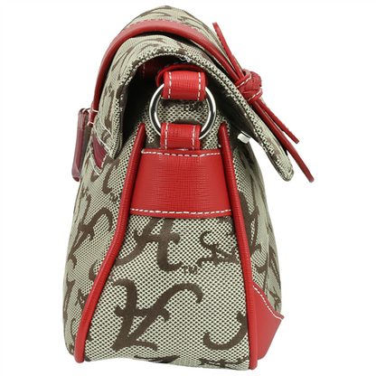 Red and brown patterned handbag.