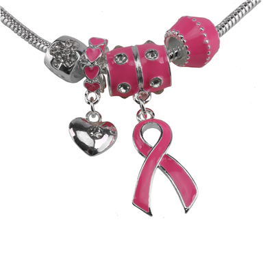 PINKTOBER RIBBON NECKLACE with pink ribbon charm, heart pendant, and pink beads, symbolizing breast cancer awareness.