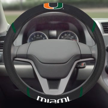 Close-up view of a car steering wheel with Miami Hurricanes Steering Wheel Cover written at the bottom and a colorful, flag-inspired design at the top.