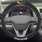 Close-up view of a car steering wheel with Miami Hurricanes Steering Wheel Cover written at the bottom and a colorful, flag-inspired design at the top.