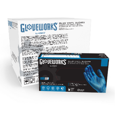 Two boxes of Gloveworks Blue Vinyl Industrial Latex Free Disposable Gloves (Case of 1000), one open displaying the gloves, with product features listed on the packaging.