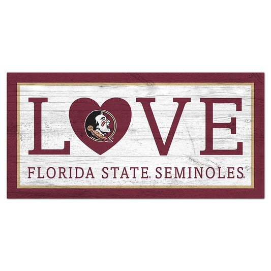 Rectangular Florida State Love 6x12 Sign with a distressed white and burgundy design featuring the word "love" and the florida state seminoles logo inside a heart.