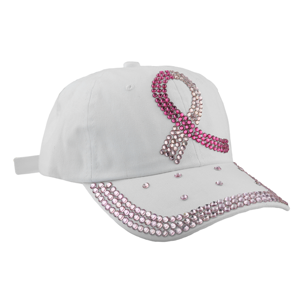 Breast Cancer Ribbon Hat adorned with a pink and silver rhinestone ribbon design and additional embellishments along the bill.
