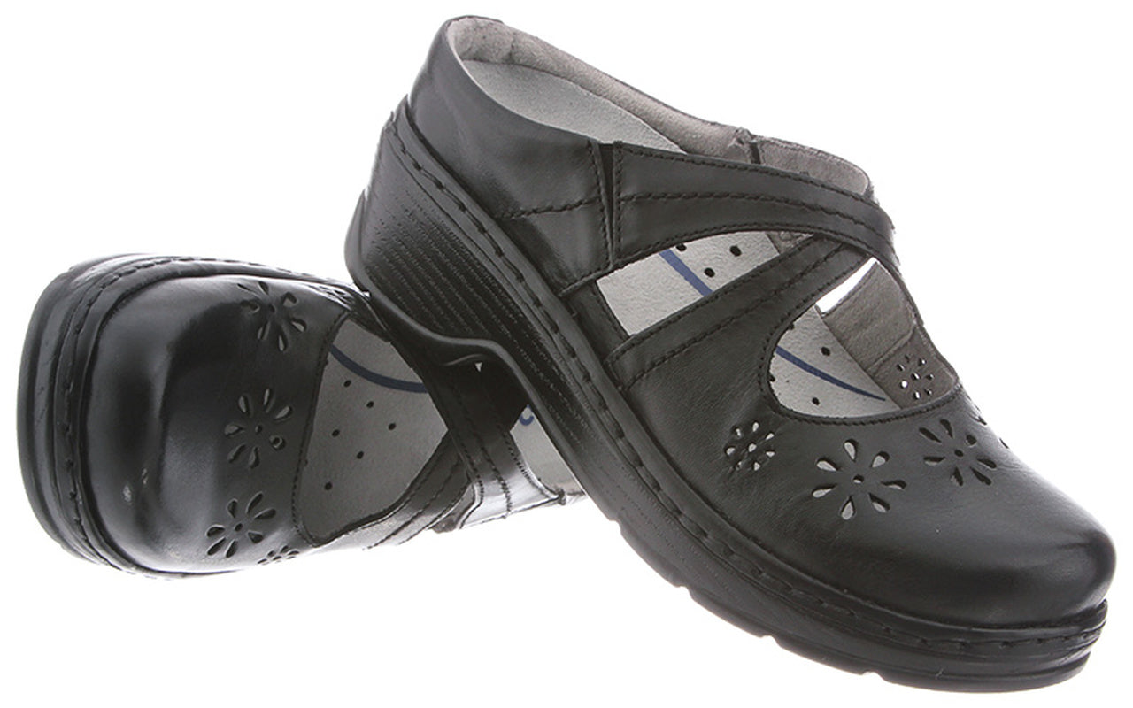 A pair of black leather women's shoes with decorative cut-outs and a strap, displayed on a white background.