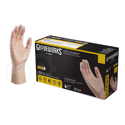 Box of gloveworks vinyl gloves displayed, containing 100 disposable gloves, alongside a mannequin hand demonstrating glove fit.