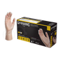 Box of gloveworks vinyl gloves displayed, containing 100 disposable gloves, alongside a mannequin hand demonstrating glove fit.