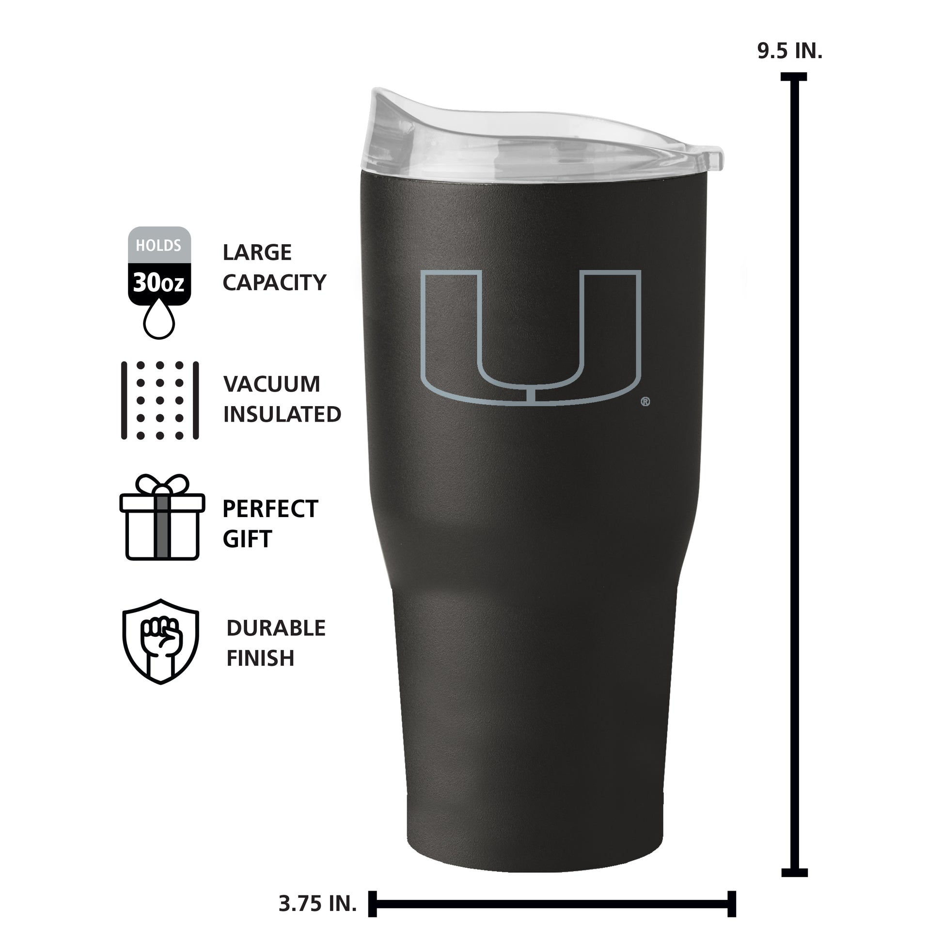 Miami Hurricanes 30oz Etch Black Powder Coat Tumbler