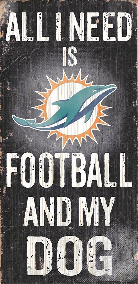Miami Dolphins Football and My Dog Sign, featuring a stylized dolphin and football logo on a distressed wood background.