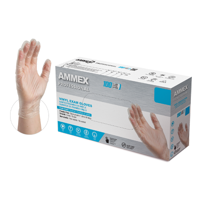 A case of AMMEX Clear Vinyl Exam Latex Free Disposable Gloves with a display image of a hand wearing a glove, indicating 1000 gloves in the case.