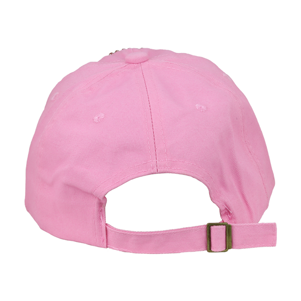 Back view of a BREAST CANCER RIBBON HAT | PINK with an adjustable strap, isolated on a white background.