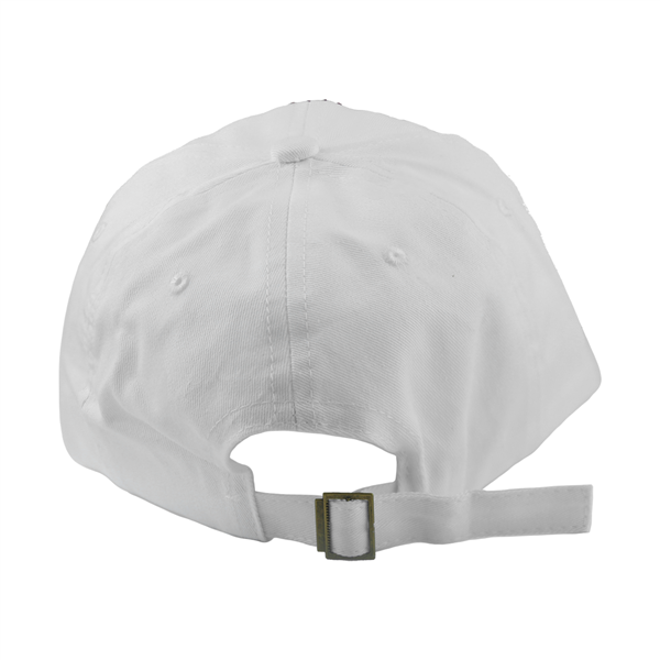 A white Breast Cancer Ribbon hat viewed from the back, showing the adjustable strap and ventilation eyelets.