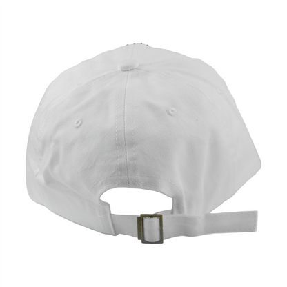 A white Breast Cancer Ribbon hat viewed from the back, showing the adjustable strap and ventilation eyelets.
