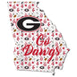 Decorative sign shaped like georgia, featuring university of georgia logo and "go dawgs" text, adorned with floral and football motifs.