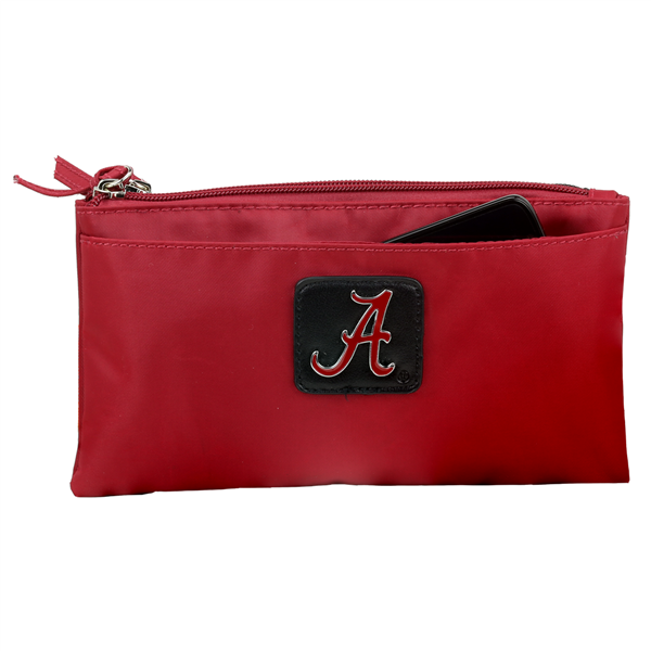 Phoebe Wallet 9182 ALABAMA with a black patch featuring a white letter 'a', partially unzipped to show contents inside.