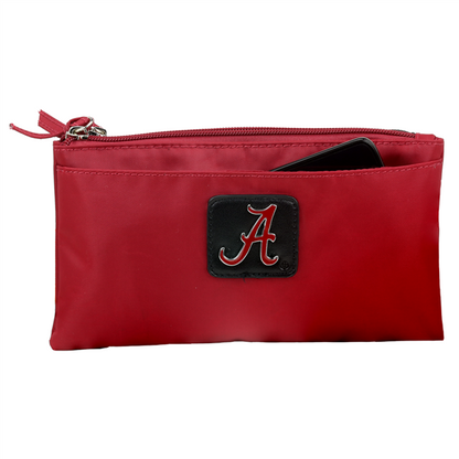 Phoebe Wallet 9182 ALABAMA with a black patch featuring a white letter 'a', partially unzipped to show contents inside.