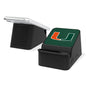 A portable black Miami Hurricanes Solid Wireless Charging Station and Bluetooth Speaker with a Miami Hurricanes logo on the projector screen, which is extended from the base.