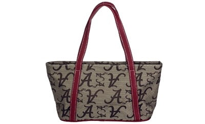 A Missy 8510 Alabama with a beige monogrammed print and contrasting red handles.