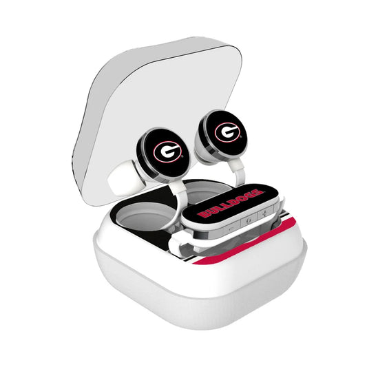 Pair of Georgia Bulldogs SOLID WORDMARK BLUETOOTH SPEAKER with logo in an open charging case on a white background.