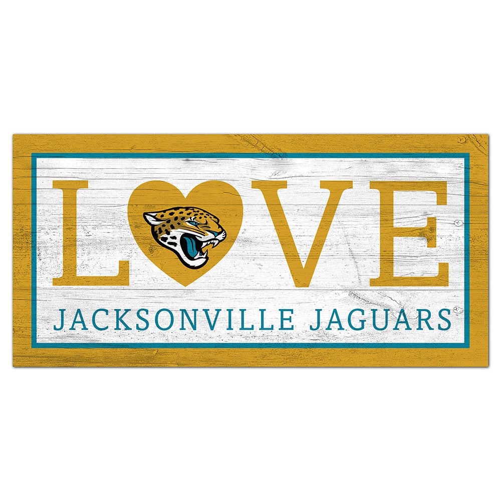 Jacksonville Jaguars Love 6x12 Sign featuring the word "love" with the Jacksonville Jaguars logo replacing the "o", and the team name below in a blue banner.