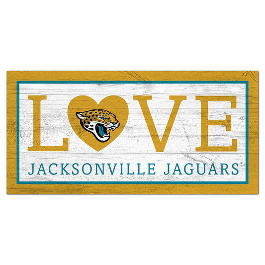 Jacksonville Jaguars Love 6x12 Sign featuring the word "love" with the Jacksonville Jaguars logo replacing the "o", and the team name below in a blue banner.