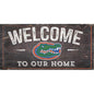 Vintage-style "University of Florida welcome" sign featuring a colorful alligator illustration on a distressed wooden background.