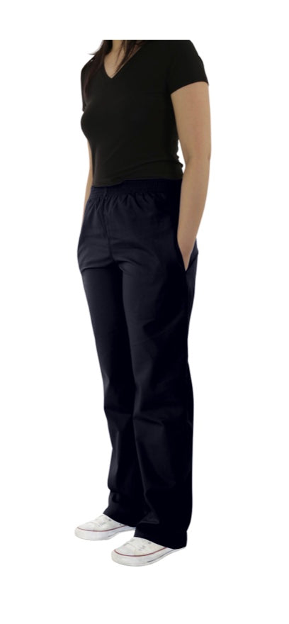 A person wearing a black v-neck shirt and UltraSoft Unisex Classic Elastic Waist Scrub Pants 300C stands with one hand in their pocket, against a white background.