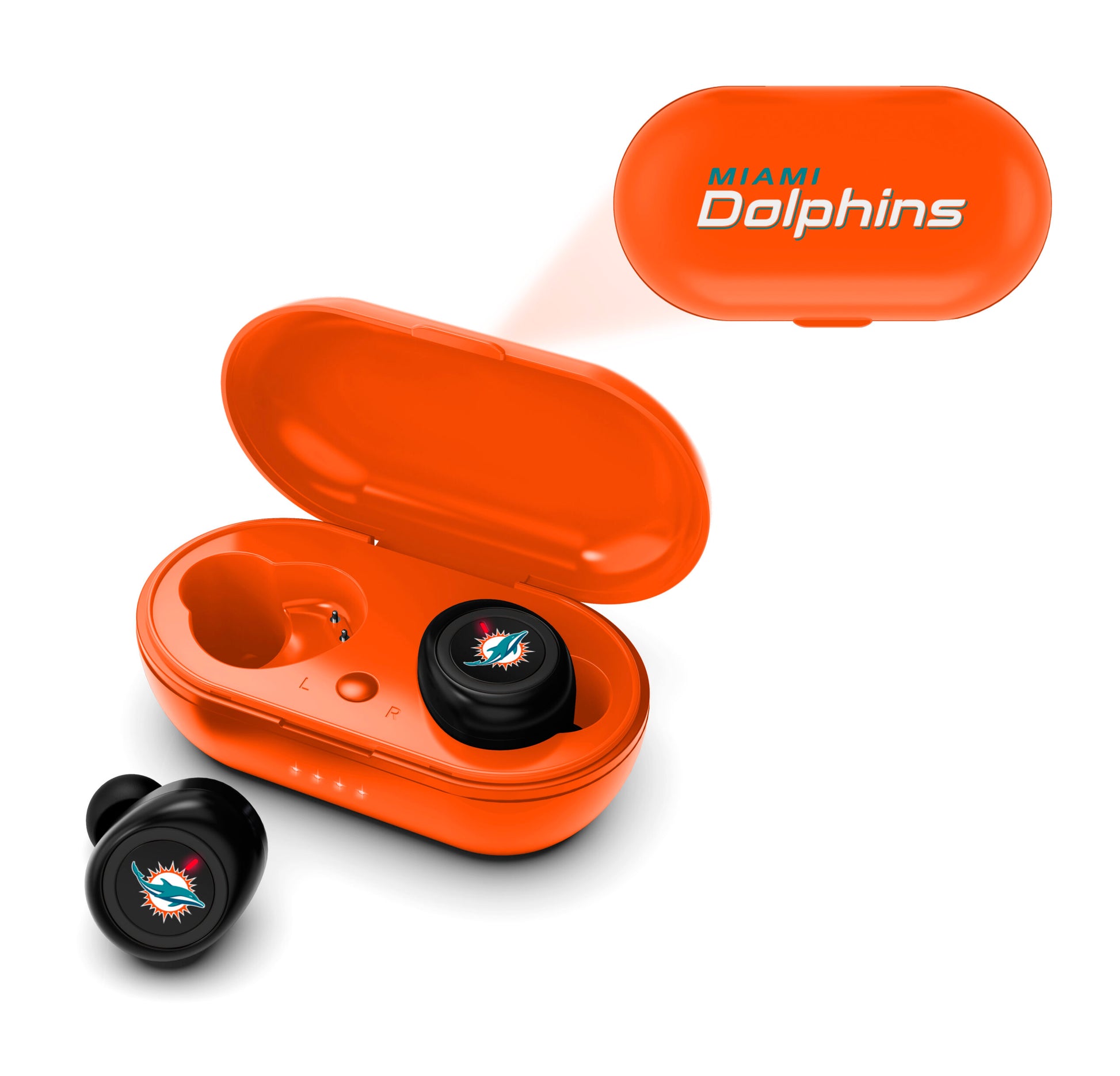 NFL True Wireless Earbuds Version 2 with the Miami Dolphins logo inside an open charging case, also branded with the team's logo.
