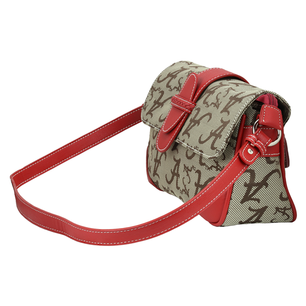 Sky Shoulder HandBag 8199 ALABAMA with a beige and brown camouflage pattern and bright red straps and buckle detailing, isolated on a white background.