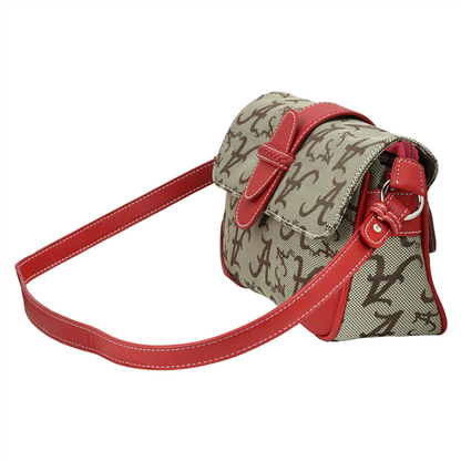 Sky Shoulder HandBag 8199 ALABAMA with a beige and brown camouflage pattern and bright red straps and buckle detailing, isolated on a white background.
