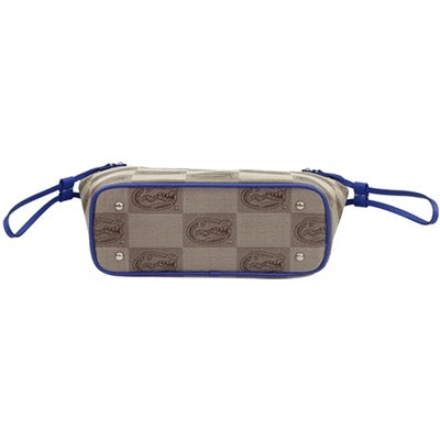 Beige and brown patterned fabric clutch with a blue zipper and wrist strap on a white background.
