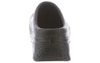Front view of a black leather Zest shoe with detailed stitching and a low heel, positioned against a white background.