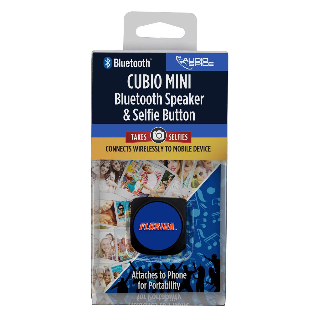 Packaging for Florida Gators MX-100 Cubio Mini Bluetooth® Speaker Plus Selfie Remote by cupid’s choice, emphasizing features like selfie-taking, portability, and wireless connectivity, displayed with example usage images.