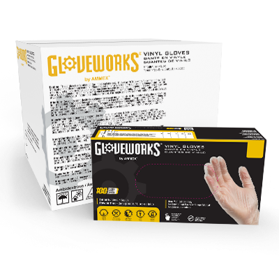 Two cases of Gloveworks Clear Vinyl Industrial Latex Free Disposable Gloves by AMMEX, featuring prominent branding and product details.