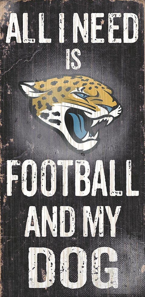 Illustration featuring a Jacksonville Jaguars Football and My Dog Sign with the text "all i need is football and my dog" written in bold, weathered font on a textured, dark background.