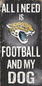Illustration featuring a Jacksonville Jaguars Football and My Dog Sign with the text "all i need is football and my dog" written in bold, weathered font on a textured, dark background.