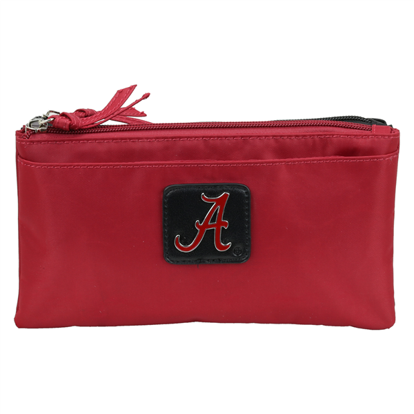 Phoebe Wallet 9182 ALABAMA with a black patch featuring a white letter 'a' in a cursive font, closed with a zip and a tassel on the side.